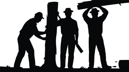 Lumberjack workers processing tree trunk and logs silhouette vector illustration, timber industry manual forestry labor design © Kaiyum