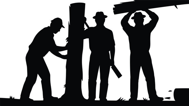 Lumberjack workers processing tree trunk and logs silhouette vector illustration, timber industry manual forestry labor design