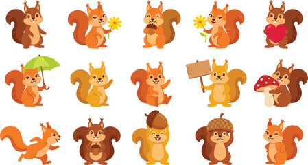 Cute cartoon squirrel character set with various poses holding acorn flower heart mushroom and umbrella vector © Moner