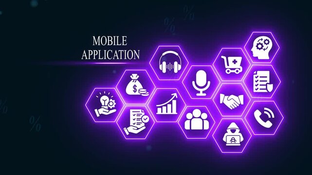 Mobile application development concept with neon hexagon ui and digital business network app development