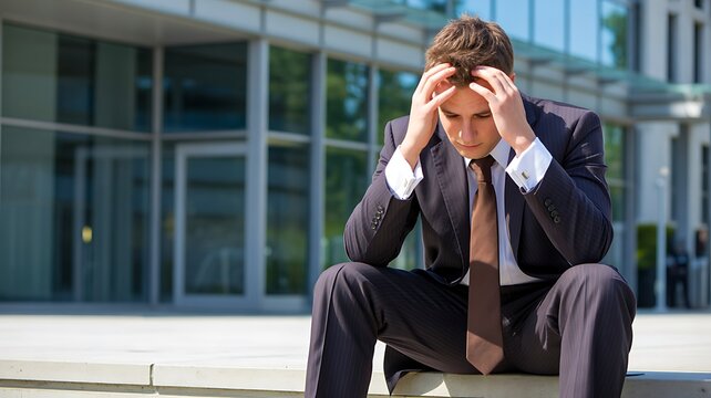 Stressed businessman sitting outside office representing workplace anxiety burnout and financial pressure concept