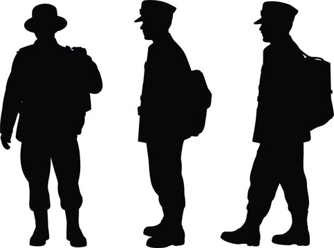Military soldiers wearing uniforms and carrying backpacks silhouette vector illustration, army infantry troop service collection design