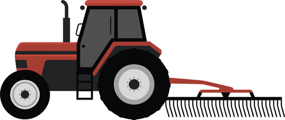 Red farm tractor with mechanical rake attachment vector illustration, industrial agricultural cultivation machine, modern field harvesting design © Kaiyum