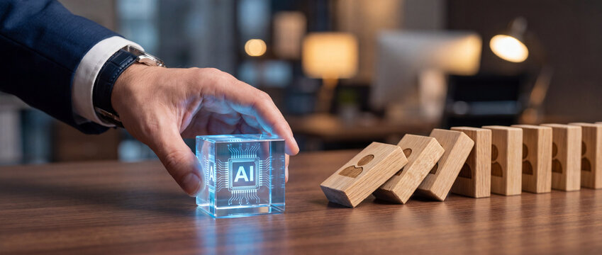 AI replacing human jobs concept photo with a hand placing a glowing blue microchip cube to trigger a domino effect of wooden blocks, perfect for corporate technology articles