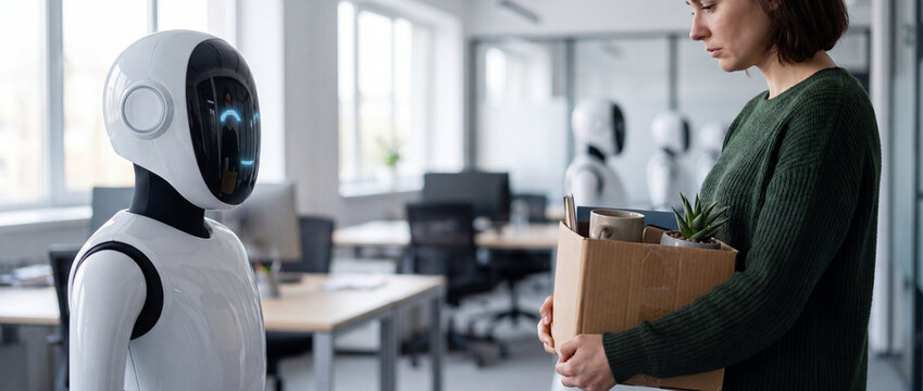 AI replacing human worker in office, sad woman holding cardboard box with personal belongings stands in front of white robot, conceptual illustration of job loss and automation