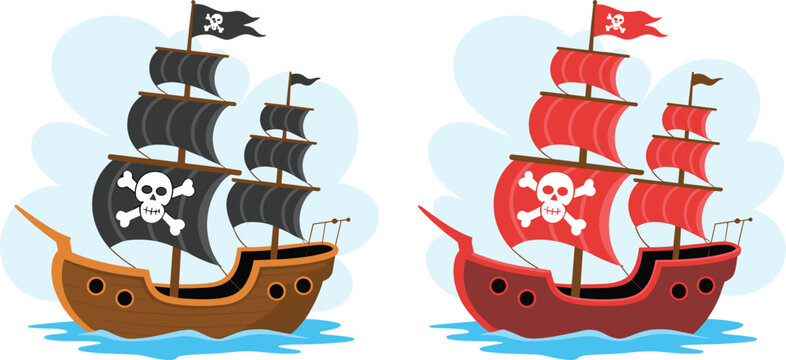 Cartoon pirate ships sailing on waves vector illustration, black and red skull flag galleon set, maritime adventure design