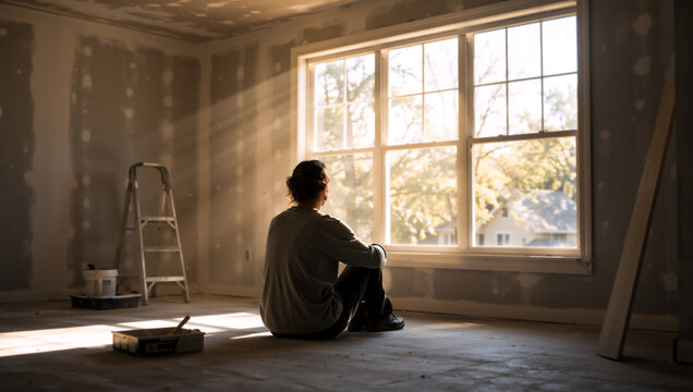 Person sitting on floor looking out window in unfinished room. Silhouette of individual taking a break during home renovation with sunlight rays
