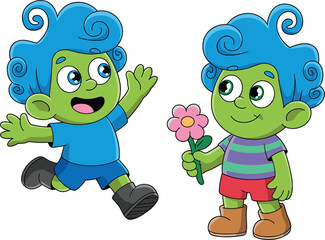 Cute green alien boy characters vector illustration, funny fantasy monsters with blue curly hair, cartoon children fairytale design