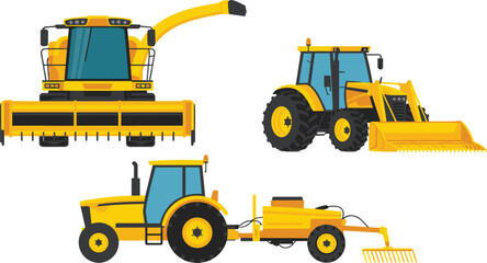 Obraz premium Yellow combine harvester and tractors vector illustration, industrial agricultural harvesting machinery set, modern farm vehicles design