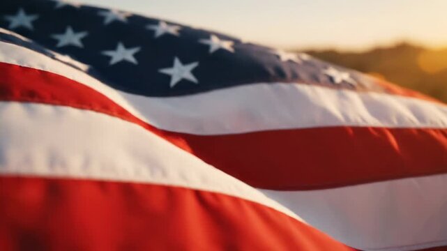 American flags waving in the wind at sunset