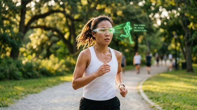 Woman wearing smart glasses with a holographic display while running in a park.