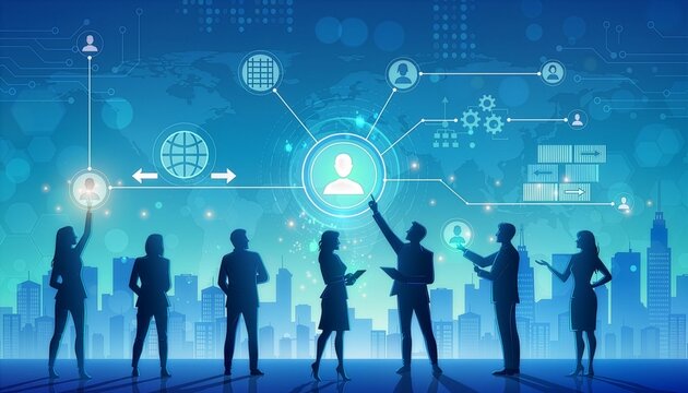 Silhouetted corporate professionals interact with an glowing digital map interface linking various employee avatars above a vibrant blue futuristic metropolis.