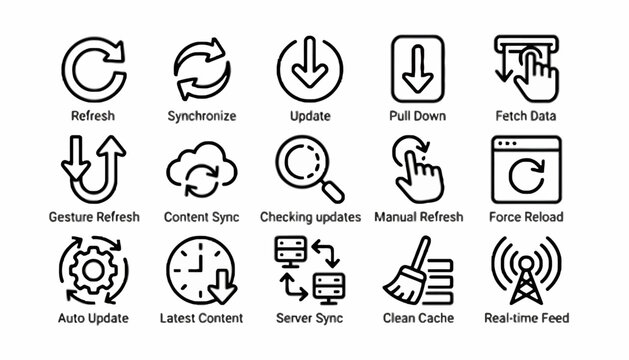 A collection of icons depicting various refresh and sync actions on a device screen.