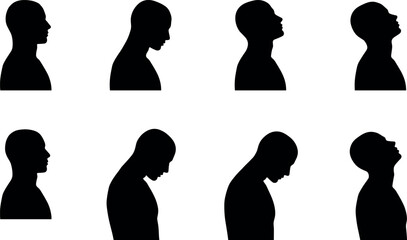 Man head silhouettes set with side profile looking forward down and up showing neck exercises or emotions © Mst