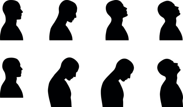 Man head silhouettes set with side profile looking forward down and up showing neck exercises or emotions
