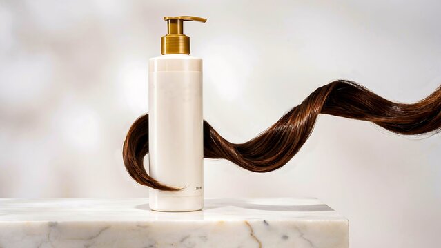 White cosmetic pump bottle with flowing brown hair on marble surface for shampoo conditioner and beauty product concept