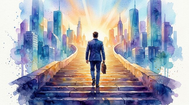 Lone entrepreneur walking up glowing steps in a modern city office watercolor scene