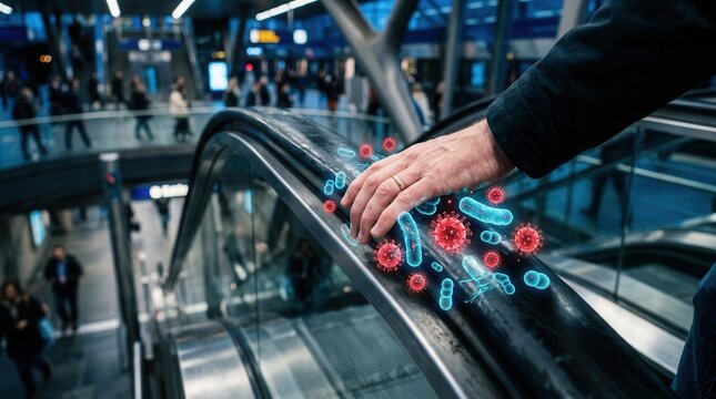 A human hand touching an escalator handrail spreading virus and bacteria to represent contagion risk.