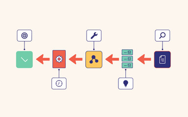 Fototapeta premium Linear business process diagram showing a strategic workflow from document search to final target goal