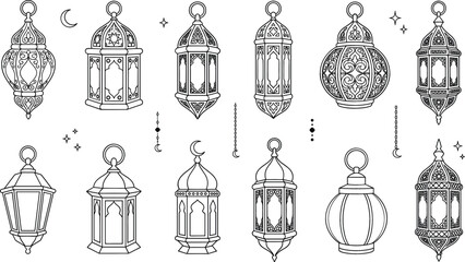 Ramadan lantern fanous icon set vector illustration line art doodle with Islamic hanging lamp ornament moon star arabesque © vector design 