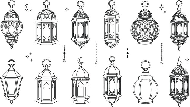 Ramadan lantern fanous icon set vector illustration line art doodle with Islamic hanging lamp ornament moon star arabesque