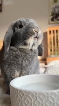 Gray Lop Ear Bunny drinking water With Wet Chin Standing Next To White Water Bowl
