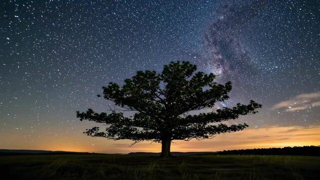 Solitary tree silhouetted against the Milky Way galaxy, vast starry night sky with clouds, distant horizon lights, serene landscape, sense of wonder and infinity