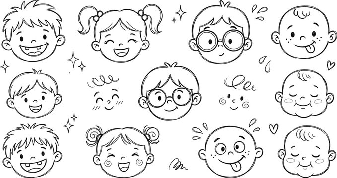 Child kid face avatar icon set vector illustration line art doodle with boy girl baby expression smile glasses