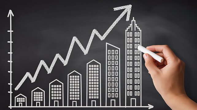 Business growth chart with rising graph and modern city skyline on blackboard