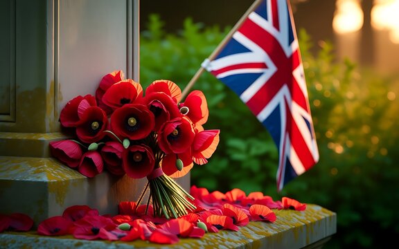 Red poppies and british flag on a stone steps outside  remembrance day