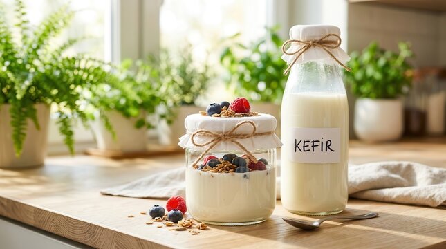 Two glass jars filled with creamy kefir and berry garnish on a wooden surface.