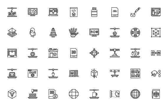 3D printing icon set. Minimal vector icons pack. Includes symbols for printer, computer, coding, filament, model, wireframe, prototype, scanner, house, exoskeleton, monitor, design studio, file, setti