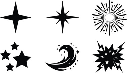 Sparkle Star Fireworks Burst And Magic Dust Silhouette Vector Icon Set For Festive Designs © MstBabli