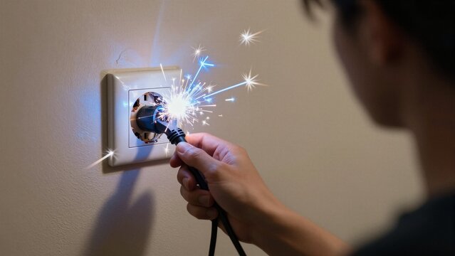 A person plugs a device into an overloaded or damaged wall socket causing bright blue sparks, highlighting potential electric shock and fire hazards.
