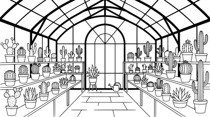 Greenhouse interior with diverse collection of potted cactuses and succulents © illustration
