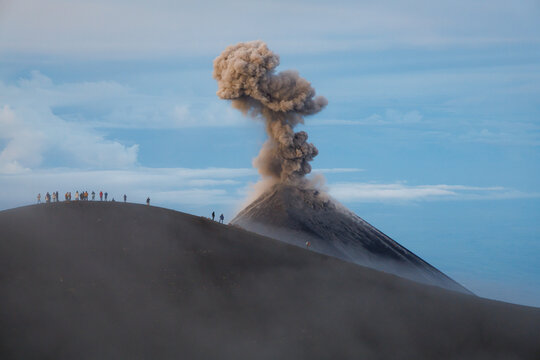 Hikers Watching Volc&aacute;n de Fuego Volcanic Ash Eruption From Acatenango Crater Ridge Wide Panorama