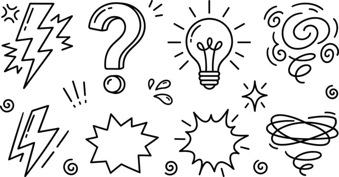 Idea question bubble icon set vector illustration line art doodle with lightbulb lightning flash spiral splash star burst