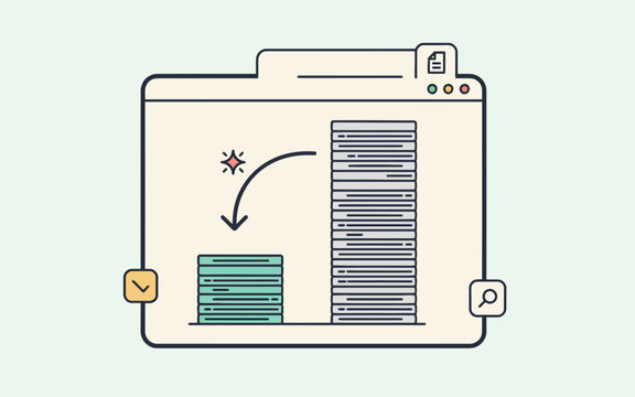 Data compression and summarization concept showing large data stack reducing to small stack
