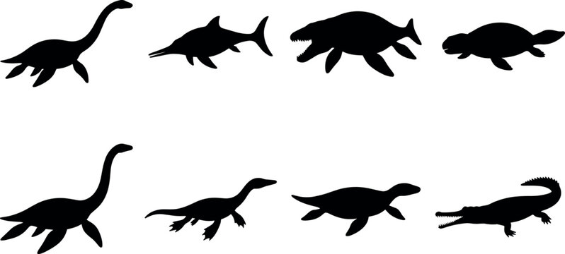 Prehistoric Marine Reptile Silhouettes Featuring Plesiosaur, Ichthyosaur, and Mosasaur