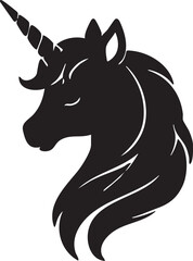 Fototapeta premium Elegant unicorn silhouette logo with magical fantasy horse head, black vector mascot design, mystical animal icon for branding, stickers, apparel and fantasy artwork 
