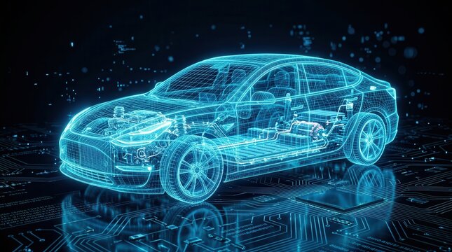 Blue digital wireframe car with glowing internal sensor nodes and data processing pathways.