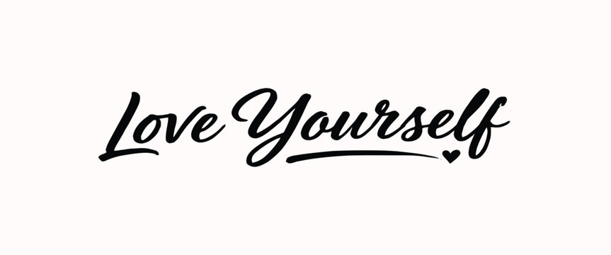 Black calligraphy text love yourself isolated on a white background, with a small, heart at the, end script