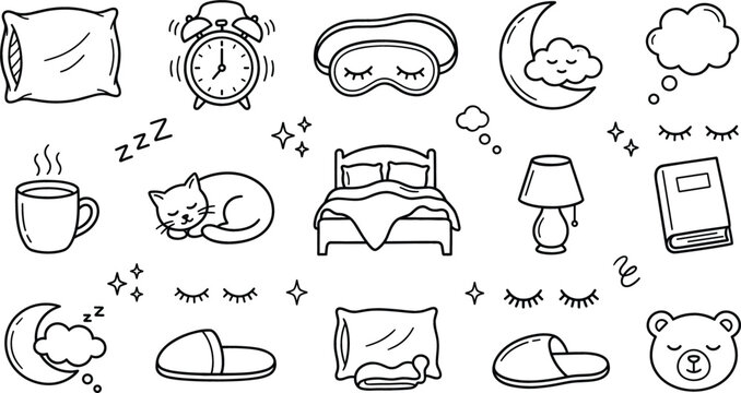 Sleep bedtime night icon set vector illustration line art doodle with bed pillow clock mask moon cat lamp cloudv