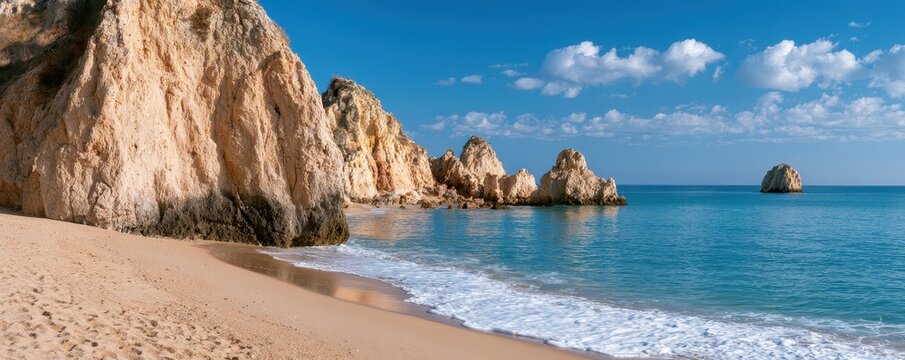 Tall golden limestone cliffs rise above  sandy beach and calm turquoise ocean water under blue sky