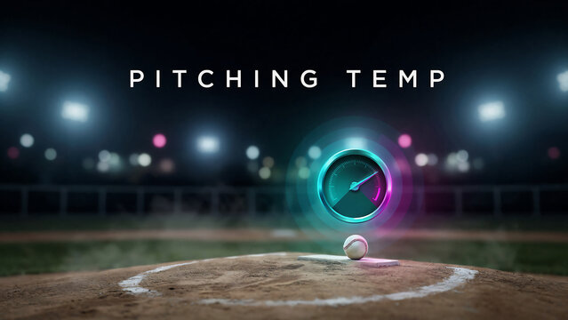 A baseball on a pitchers mound with a glowing speedometer at night in a stadium with bright lights shining down  sports