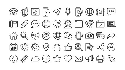 Comprehensive collection of communication contact and website user interface line icons for digital design projects © MARUF