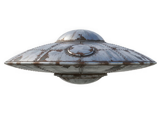 Vintage rusted UFO flying saucer isolated on transparent background cutout