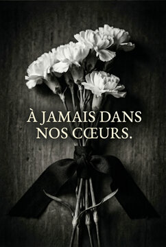 Black and white carnation bouquet condolence card background with black ribbon for funeral banner and memorial design