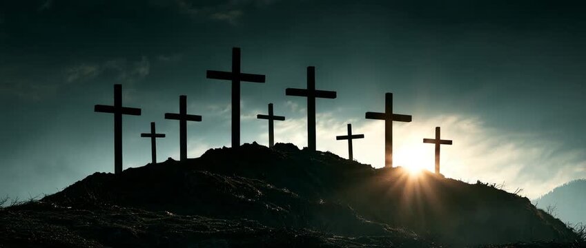 Seven Crosses Silhouette at Sunrise, symbolizes faith, sacrifice, redemption, hope, and the spiritual significance of Easter and the crucifixion of Jesus Christ.