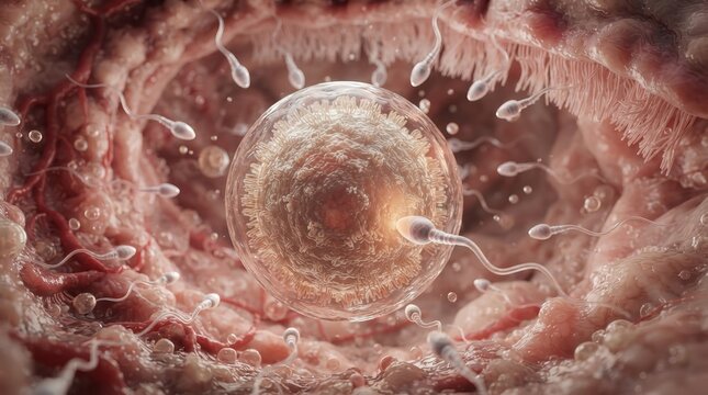 Microscopic view of human reproduction showing sperm navigation towards an egg cell.